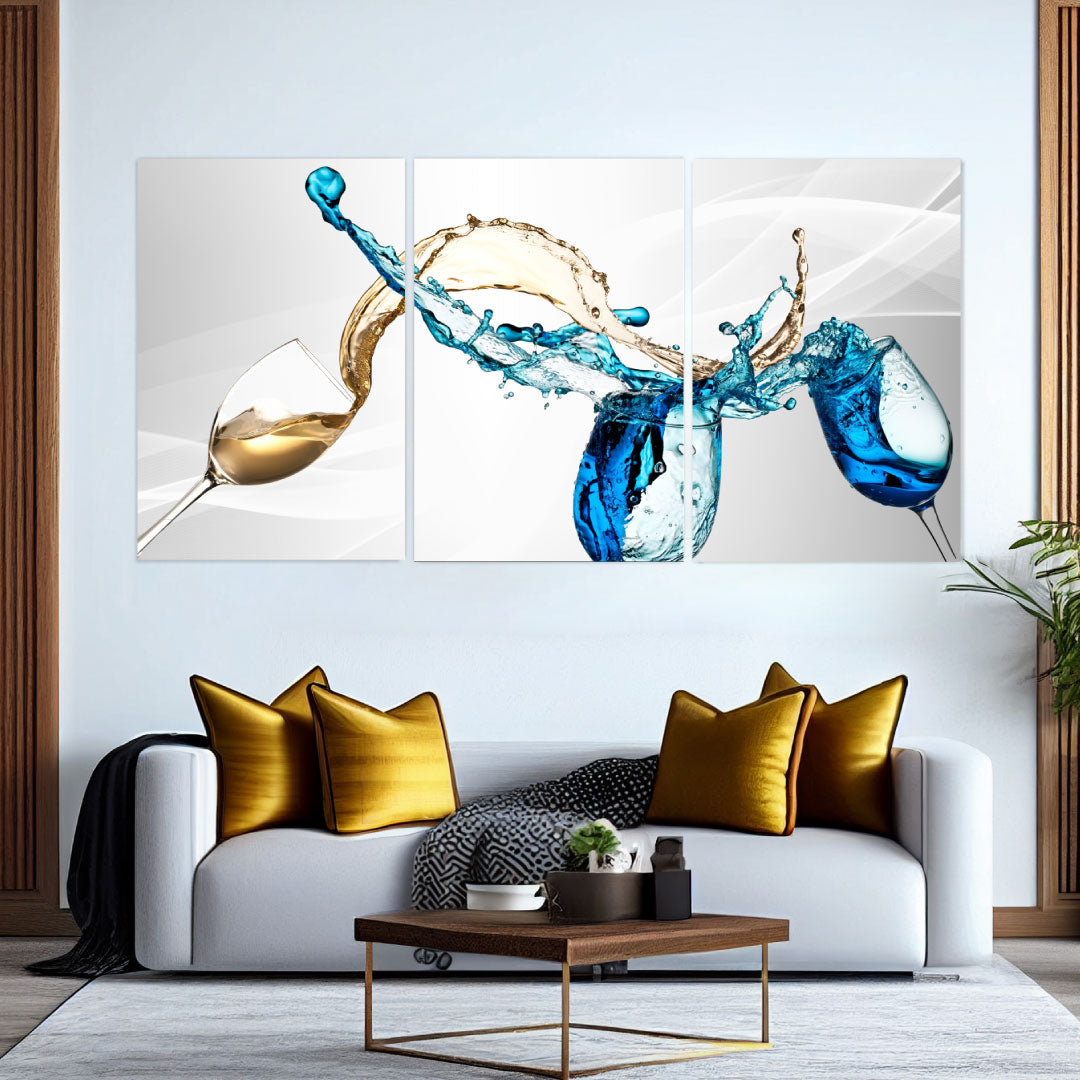 NC-83 Set of three Luxury Wine Splashing Out Of Glass Modern Wall Art Acrylic or Tempered Glass Prints