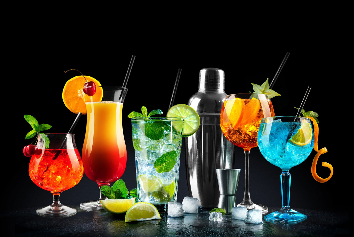 NC-69 Alcohol Cocktail Set With Tasty Summer Fruits Modern Wall Art Acrylic or Tempered Glass Prints - 47"x32", Tempered Glass