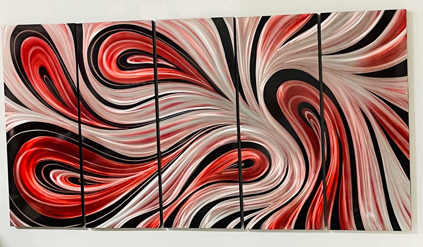 Silver and Red Abstract Art Set of 5 Aluminum Panels