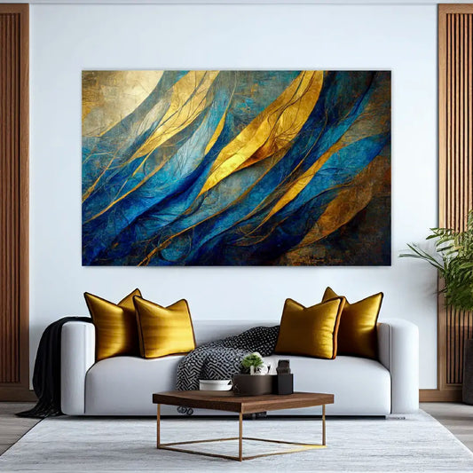 NC-70 Abstract Blue And Gold Modern Wallpaper, Vibrant Colors Textured Background Fashionable Pictures For Office Living Room or Bedroom Decor