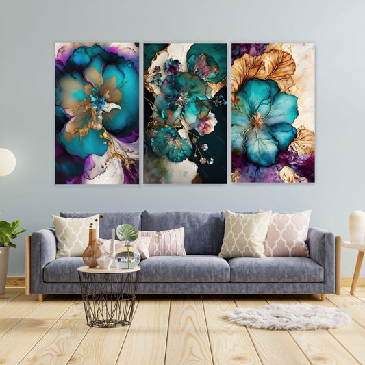 NC-101 Triptych Elegant And Beautiful Floral Background In Art Nouveau Style Abstract Retro Modern Wall Art Acrylic or Tempered Glass Prints