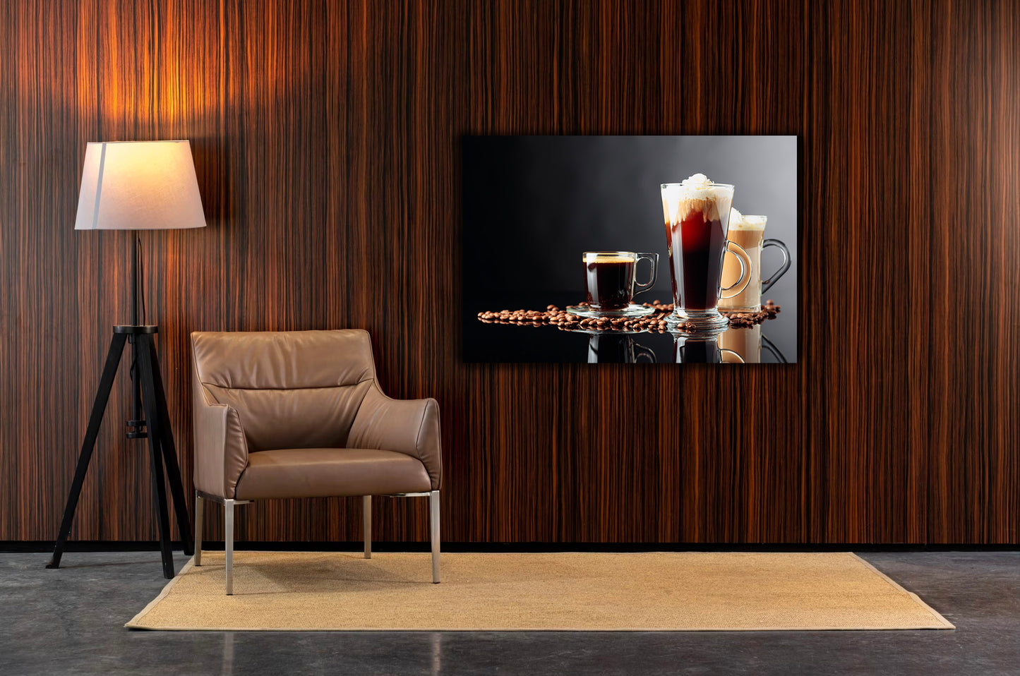 NC-49 Coffee Drinks and Coffee beans On Black Reflective Background. Modern Luxury Abstract Wall Art Prints