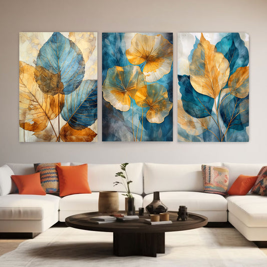 NC-74 A Set Of Three Abstract Art Illustrations Golden Brush Strokes Fashionable Pictures For Office Living Room or Bedroom Decor