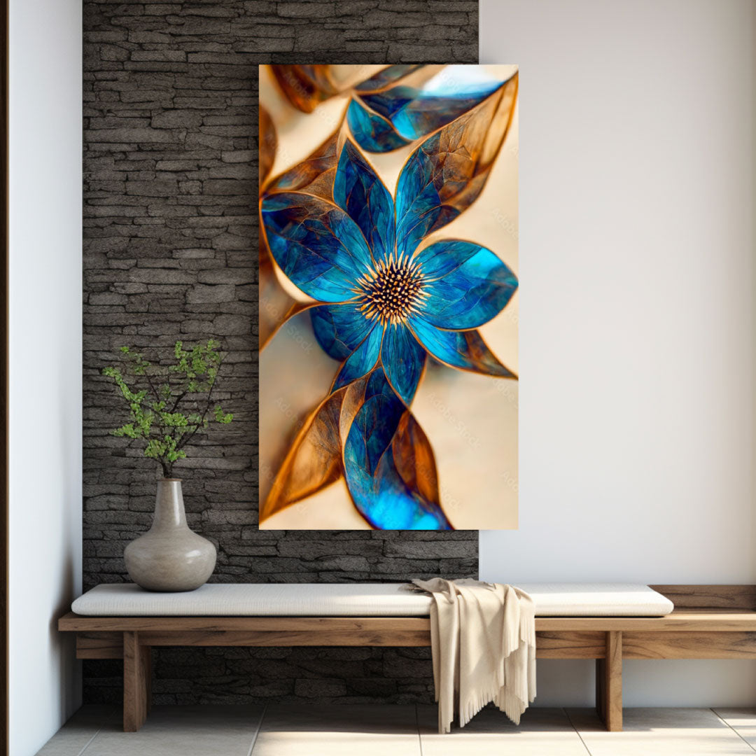 NC-79 Abstract 3d Flower Blue And Gold Luxury Wall Art Acrylic or Tempered Glass Prints