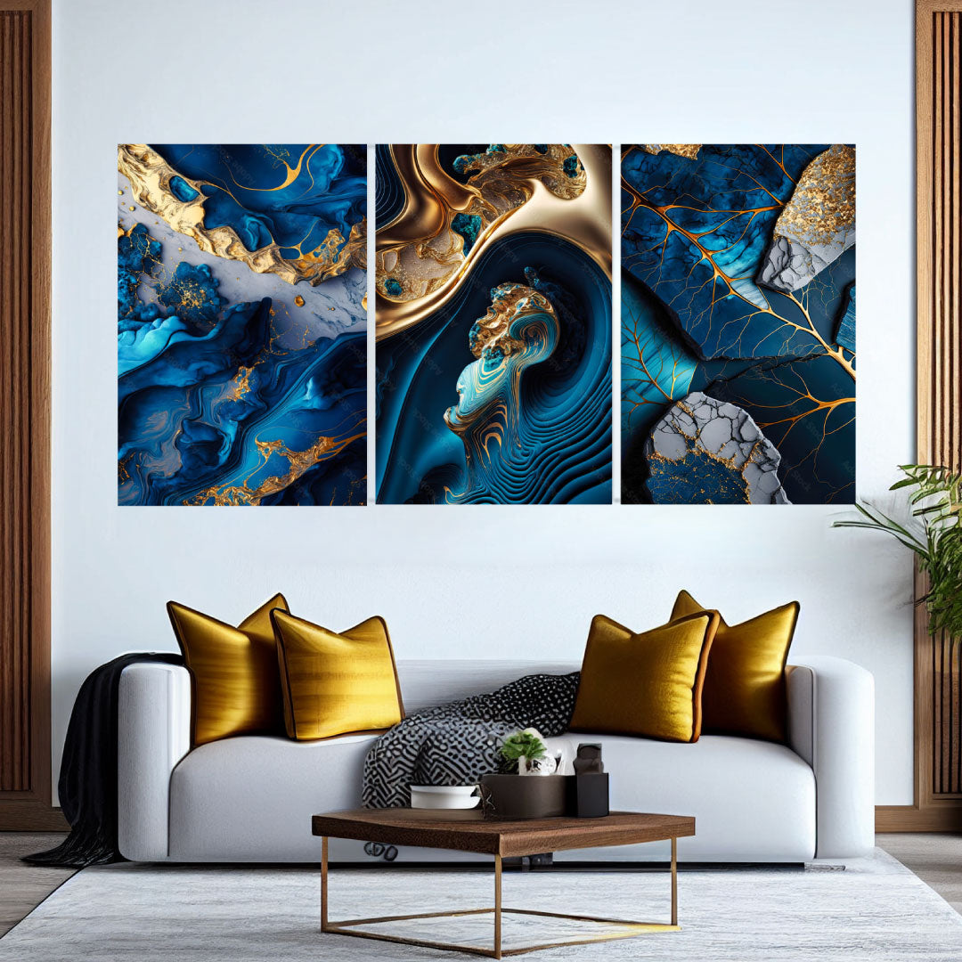 NC-86 Triptych Blue And Gold Abstract Marbled Design With Natural Luxurious Swirls Of Marble And Gold Powder