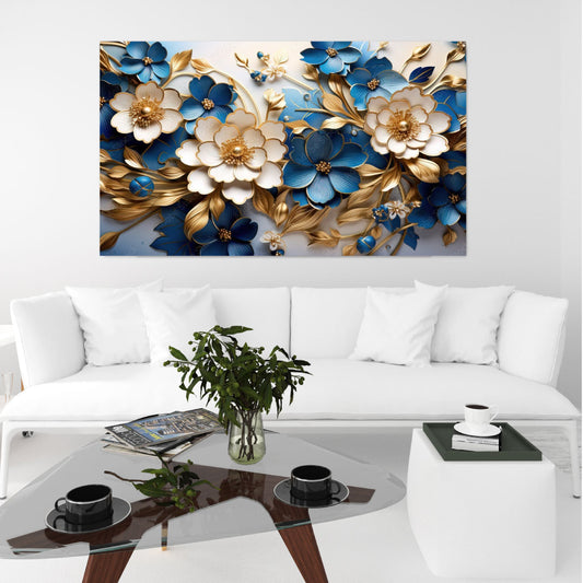 NC-89 Elegant Colorful 3d Flowers With Leaves On A Tree Illustration Blue And Gold Modern Wall Art Acrylic or Tempered Glass Prints