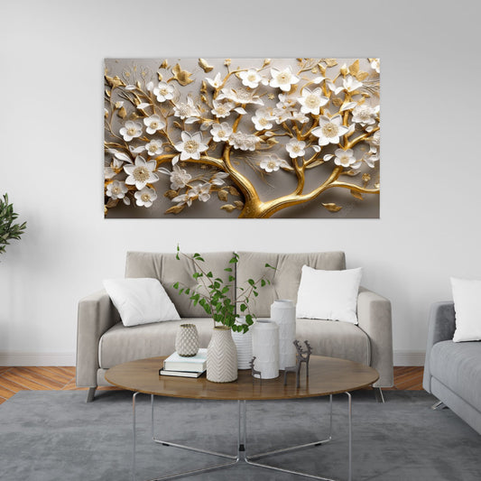 NC-95 3d Golden Tree with Flowers butterflies Modern Wall Art Acrylic or Tempered Glass Prints