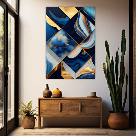 NC-97 Colorful Stained Blue Gold Glass Window Abstract Art Nouveau Decoration Modern Wall Art Acrylic or Tempered Glass Prints