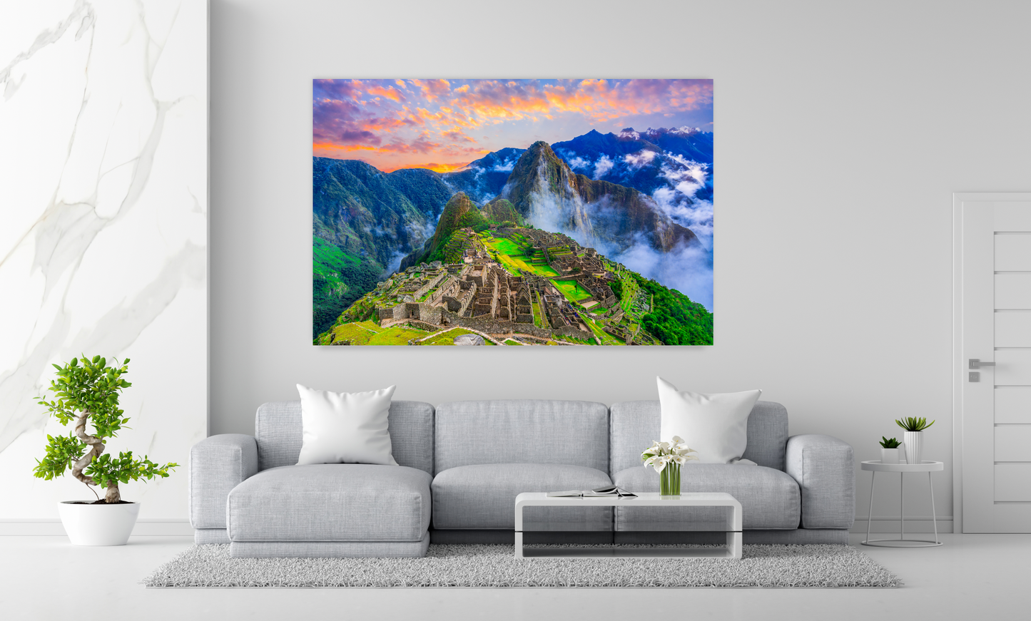 NC-57  Overview Of The Lost Inca City Machu Picchu, Agriculture Terraces And Wayna Picchu, Landscape Wide Modern Wall Art Acrylic or Tempered Glass Prints - 47"x32", Tempered Glass