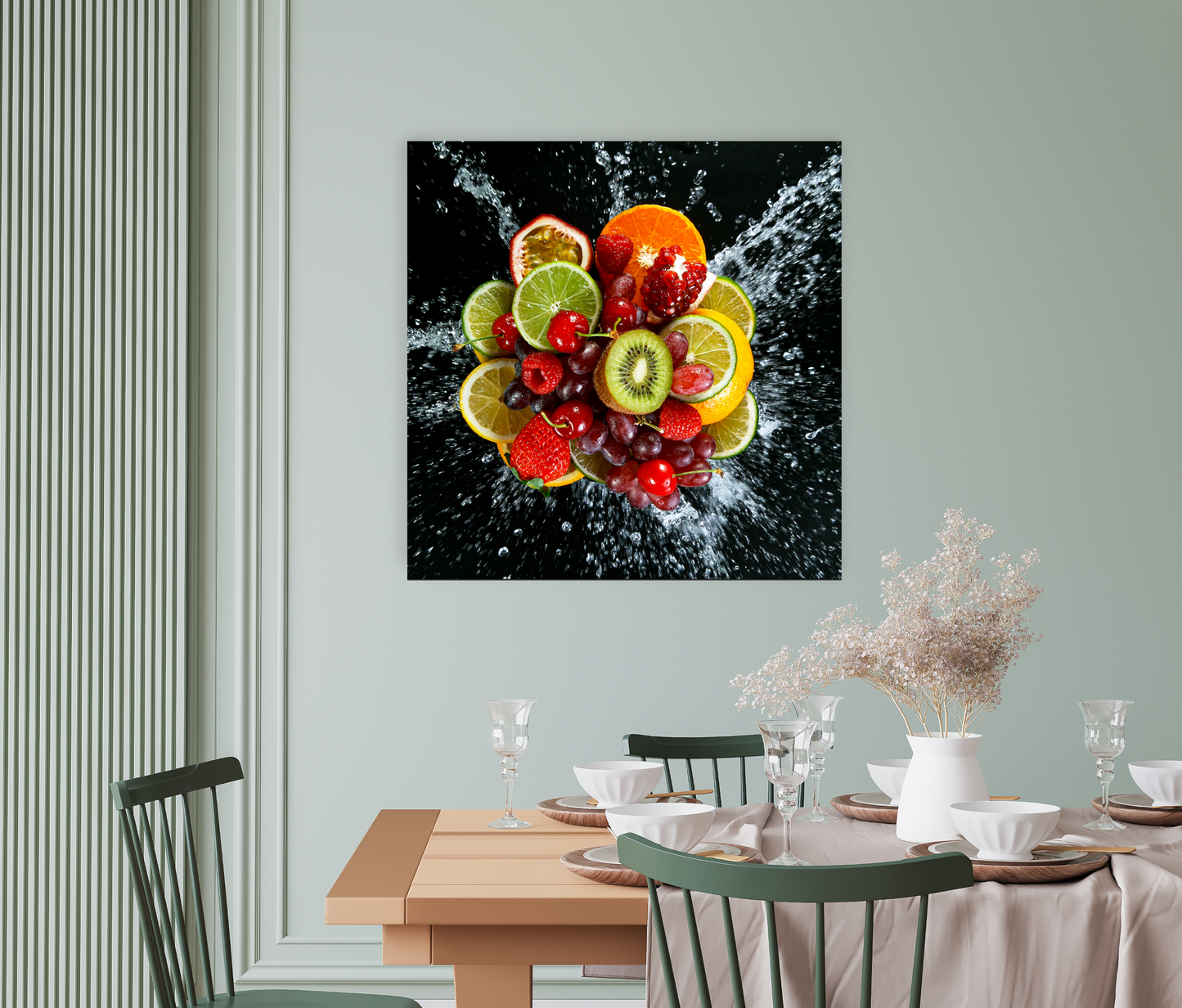 NC-60 Super Slow Motion Shot of Fresh Fruits with Splashing Water Wall Art Acrylic or Tempered Glass Prints - Tempered Glass, 24"X24"