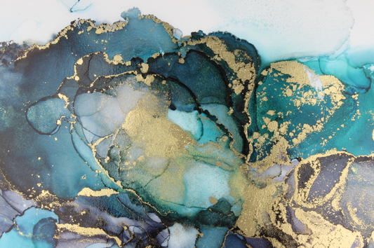 NC-64 Luxury Abstract Fluid Art Background Alcohol Ink Technique Black Blue and Gold Prints Fashionable Pictures For Office Living Room or Bedroom Decor - 47"x32", Tempered Glass