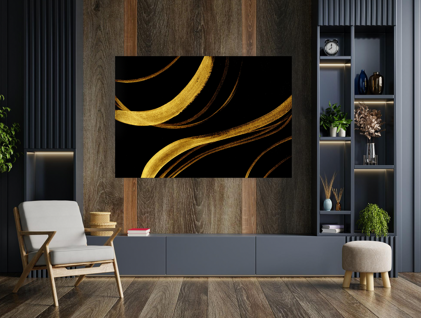 NC-66 Marble Texture Wall Surface Black Gold Ink Fashionable Pictures For Office Living Room or Bedroom Decor - 47"x32", Tempered Glass