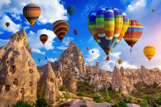 NC-55 Colorful Hot Air Balloon Flying Over Cappadocia, Turkey. Landscape Wide Modern Wall Art Acrylic or Tempered Glass Prints - 47"x32", Acrylic